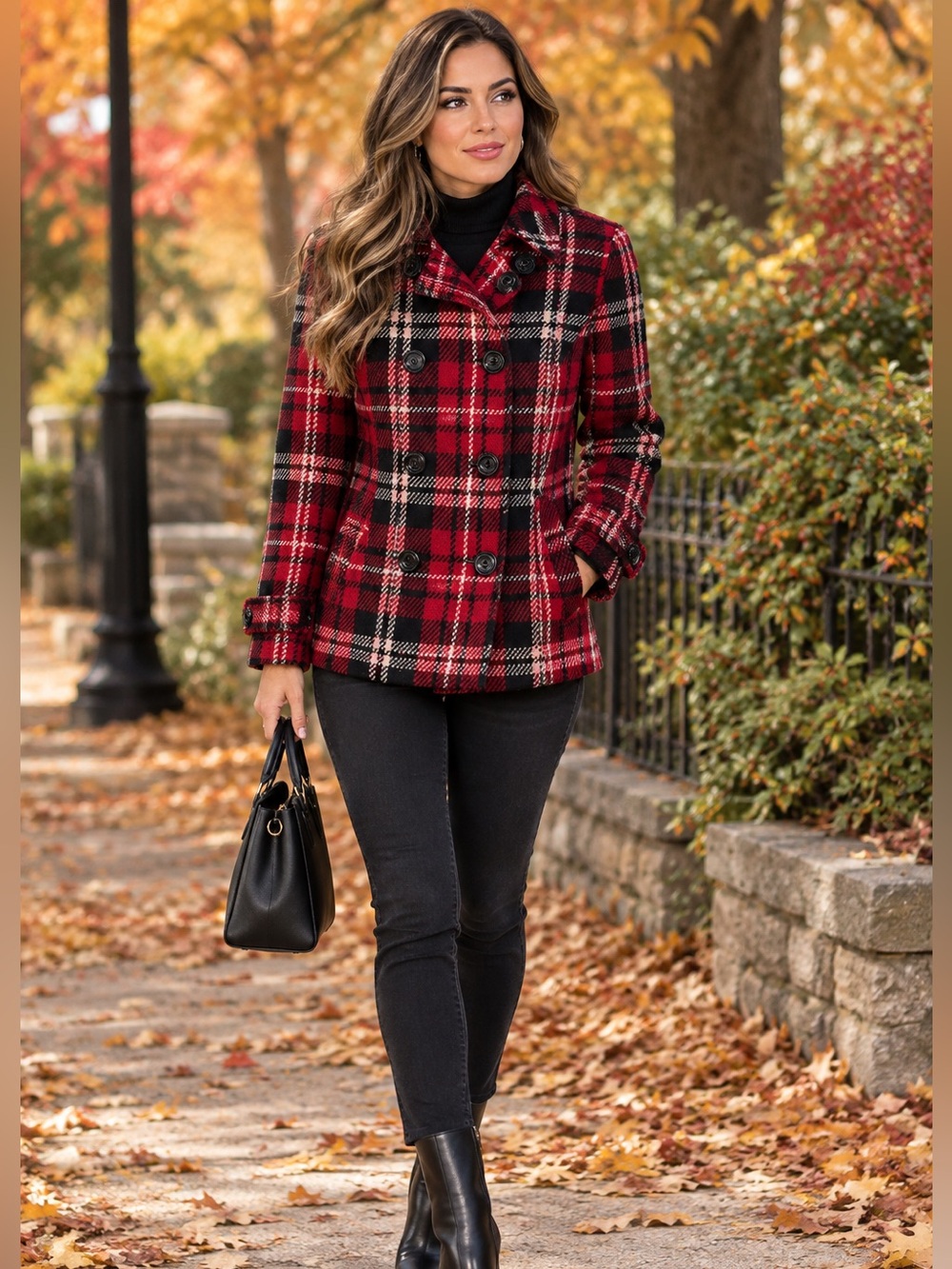 dressbarn Red Plaid Double-Breasted Peacoat